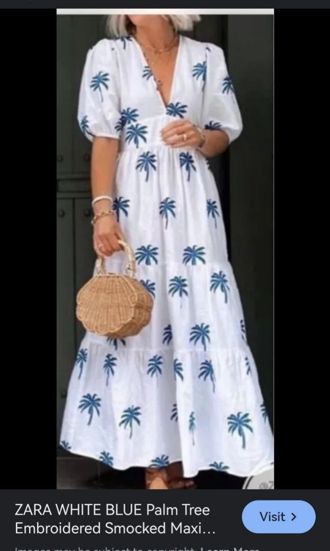 zara white dress with blue embroidery linen maxi embroidered palm trees, Women's Fashion, Dresses & Sets, Dresses on Carousell Striped dress