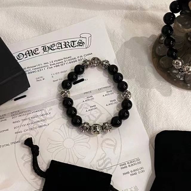 🍔 Chrome Hearts Fashion Eight Silver Beads Obsidian