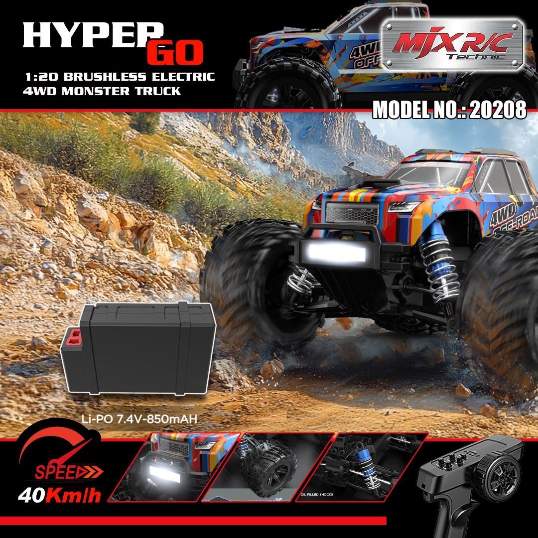 全新 MJX R/C 1:20 20208 無刷迷你大腳車 | 4400kv 外轉無刷馬達 | 金屬齒輪 | 可限速2.4Ghz 遙控| 最 ...