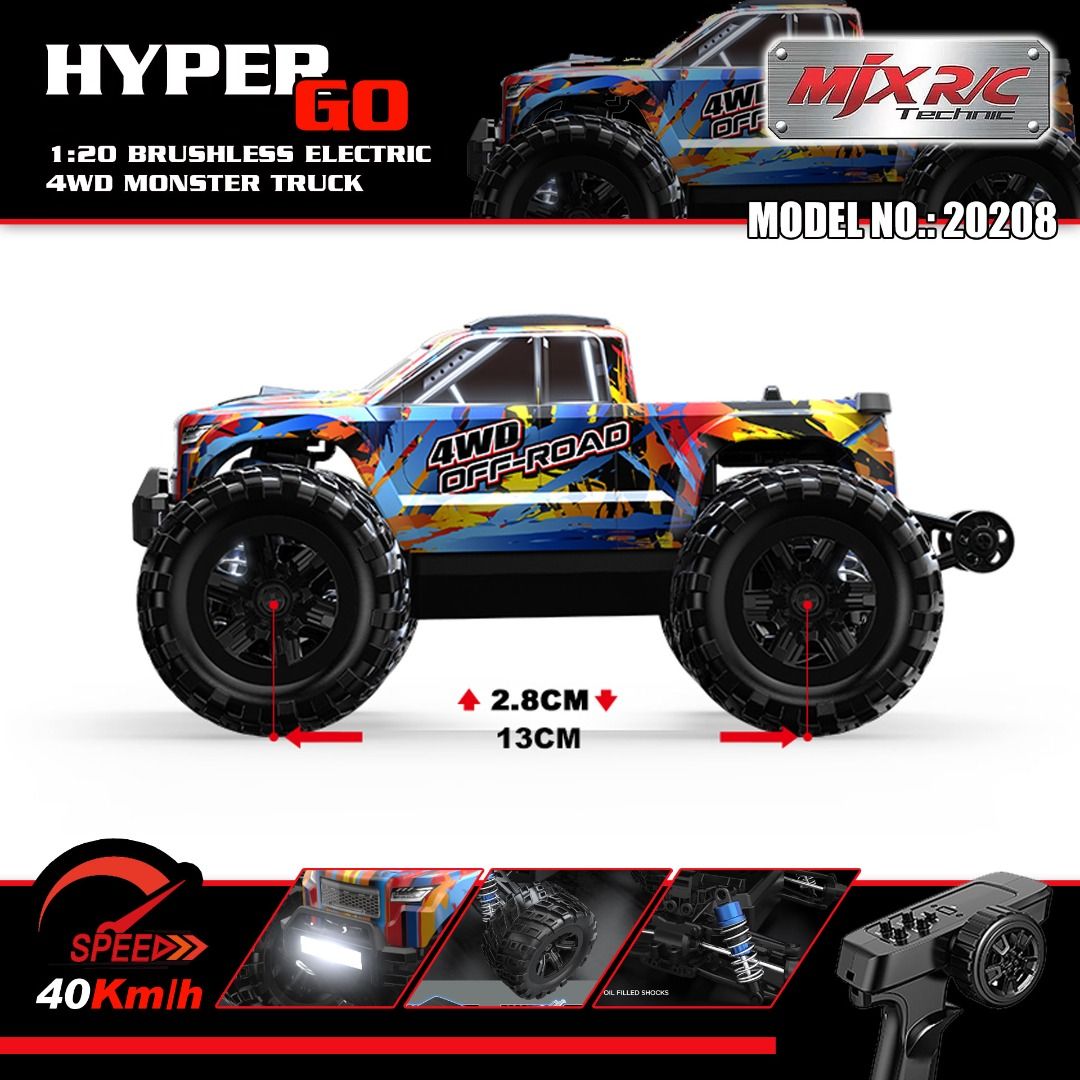 全新 MJX R/C 1:20 20208 無刷迷你大腳車 | 4400kv 外轉無刷馬達 | 金屬齒輪 | 可限速2.4Ghz 遙控| 最 ...