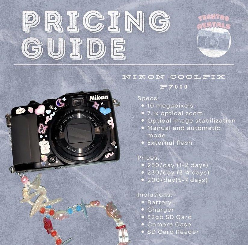[FOR RENT ONLY] Nikon Coolpix P7000 (Category: Cameras) located in Manila. Submitted by llhnkgllrdby (Listing ID 1333582685, Image 3). Description: To rent, please DM us on IG (@techtro.rentals). Note that these cameras are vintage so do not expect these to be brand new. Specs: 💜 10 megapixels 💜 7.1x optical zoom (focal length equiv: 28-200mm 💜 Optical image stabilization 💜 3.0 inch 921k dot TFT LCD screen 100-3200 + Hi (ISO 6400) 💜 0.7 fps 