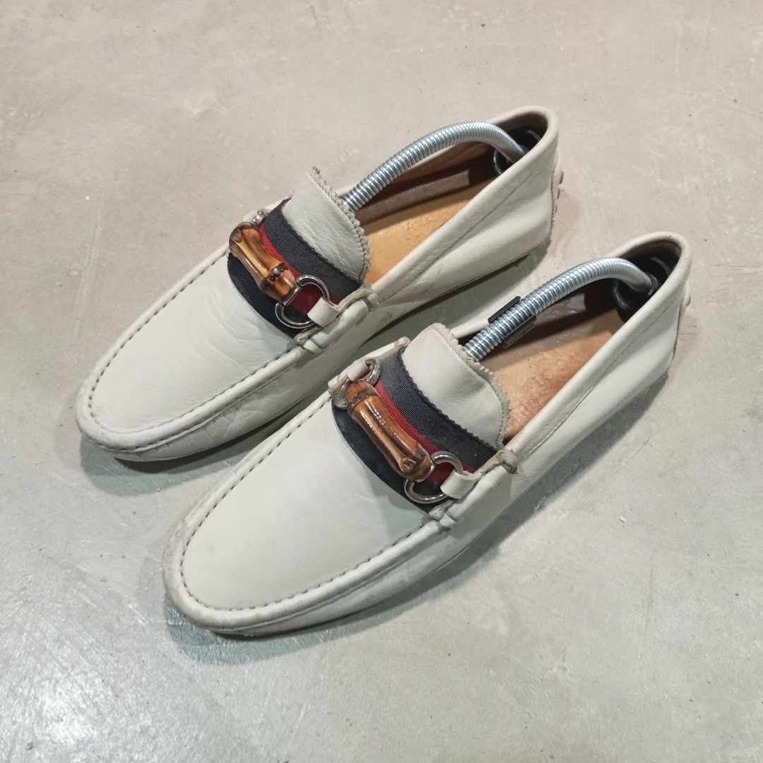 Gucci White Men s Web Bamboo Horsebit Driving Loafers