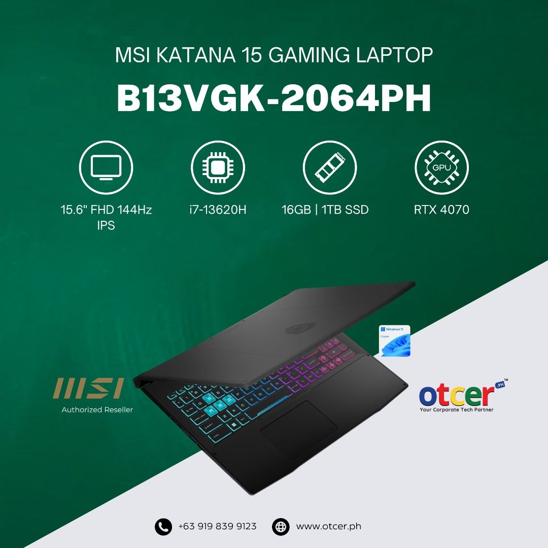 MSI KATANA 15 B13VGK-2064PH (Category: Laptops & Notebooks) located in Pasig City. Submitted by otcer.philippines (Listing ID 1333547190, Image 1). Description: Built for those who drive impact. The MSI Katana 15 B13VGK-2064PH at Php 85,995.00 offers Intel i7 speed and RTX 4070 visuals, supporting your most critical projects and helping you deliver excellence without compromise. Get equipped: https://otcer.ph | +63 919 839 9123. #MSIKatana15 #Eng