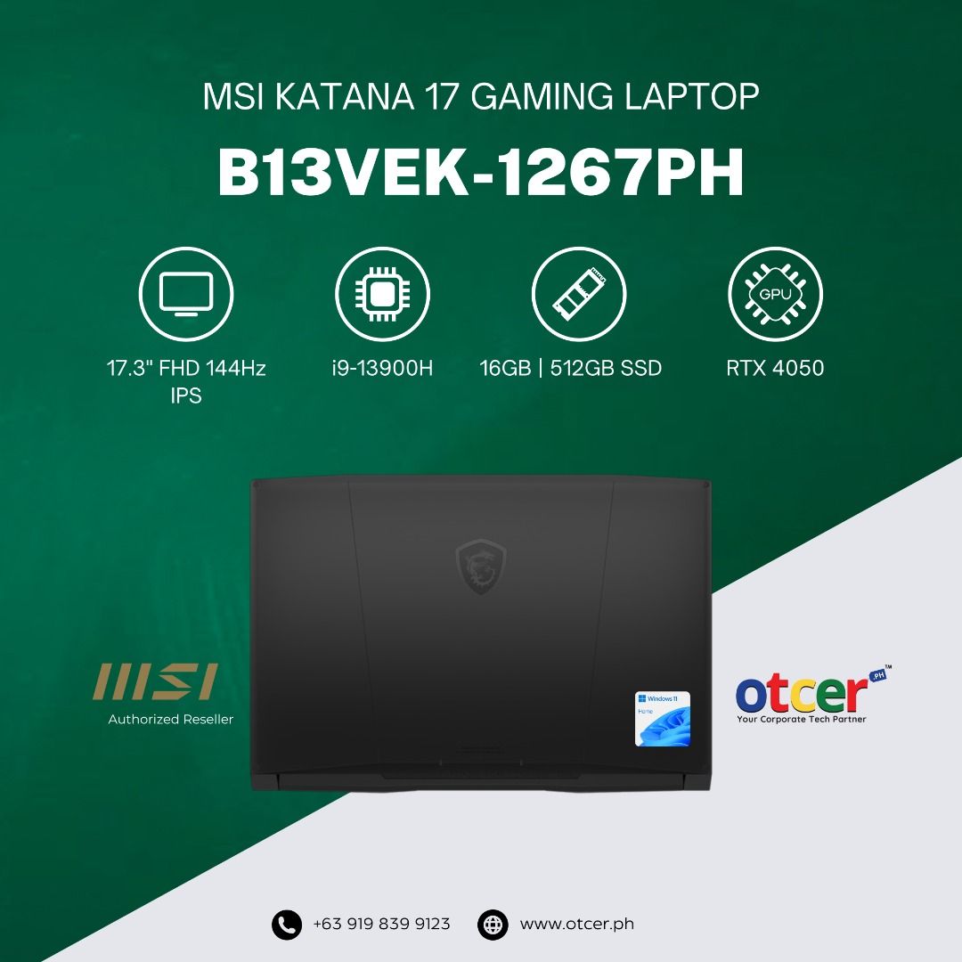 MSI KATANA 17 B13VEK-1267PH 17" MODEL (Category: Laptops & Notebooks) located in Pasig City. Submitted by otcer.philippines (Listing ID 1333655066, Image 1). Description: Efficiency, redefined for the modern professional. The MSI Katana 17 B13VEK-1267PH at Php 69,995.00 with a 17.3" 144Hz display and Intel i7-13900H processor is crafted for smooth multitasking and high-res graphics—ideal for ambitious businesses. https://otcer.ph | +63 919 839 91