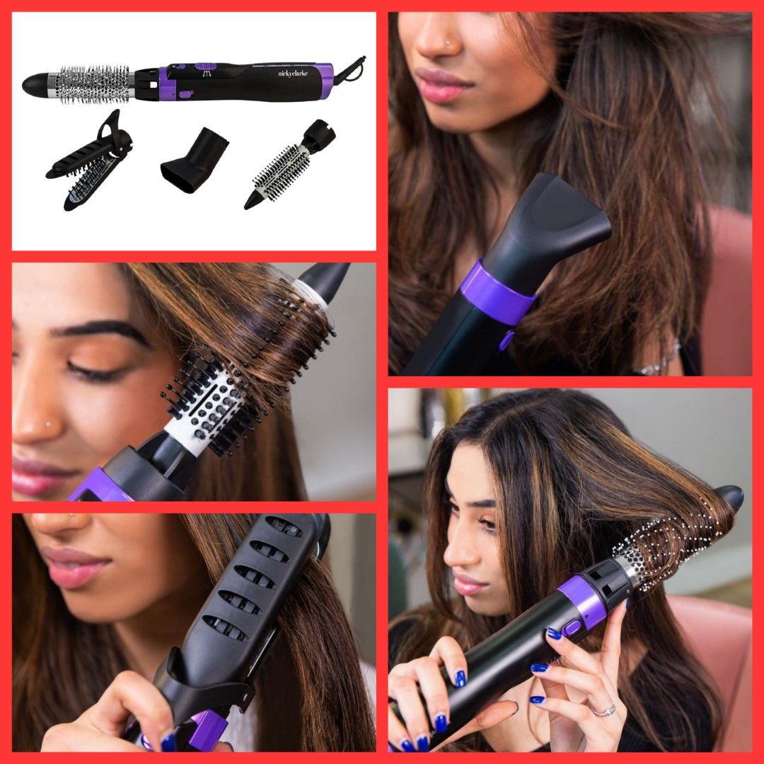 Nicky Clarke 1000W 4 in 1 Frizz Control Ionic Hot Air Brush Volumising Hair Styler 2 Heat Speeds Cool Shot Four Accessories 20mm 38mm Brushes Concentrator Nozzle Straightener NHA046 Beauty