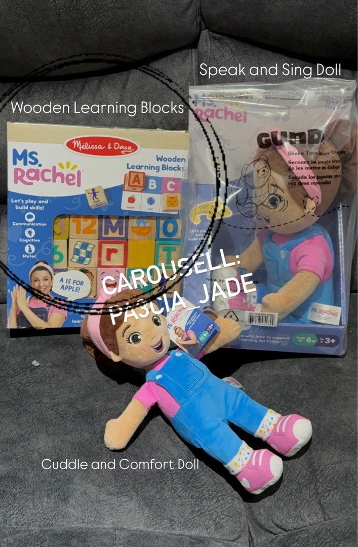 (Onhand) Ms. Rachel Wooden Learning Blocks (original) (Category: Educational & Learning Toys) located in Mandaluyong City. Submitted by pa3cia_jade (Listing ID 1327263918, Image 1). Description: Brand new. Original. Limited availability. For preorder, arriving by December 23: • Speak and Sing 16” Doll (₱3,300) Available onhand: • Cuddle and Comfort 11” Doll (₱2,000) • Wooden Learning Blocks (₱2,200) • Wooden Song Puzzle (₱2,000) • Ms. Rachel and 