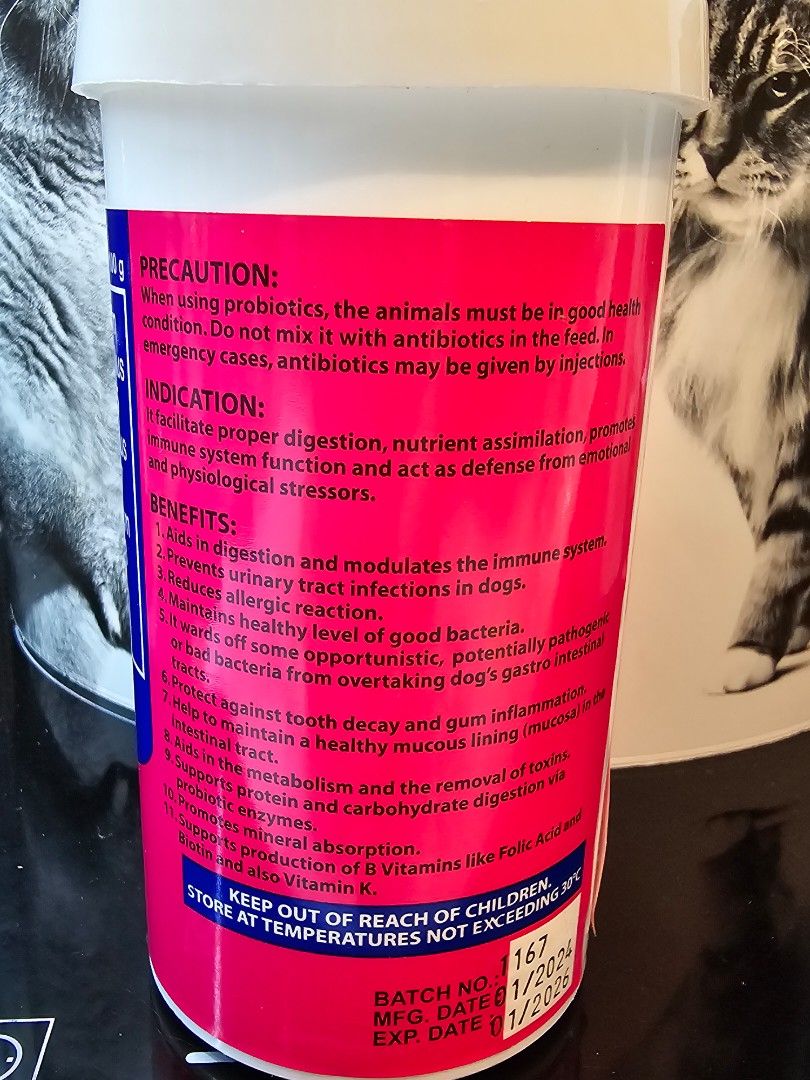 Pet Defense Probiotics 100g (Category: Health & Grooming) located in Manila. Submitted by sbmlk13 (Listing ID 1333608492, Image 2). Description: Probiotics for cats and dogs GCash/BPI Lalamove/Grab.