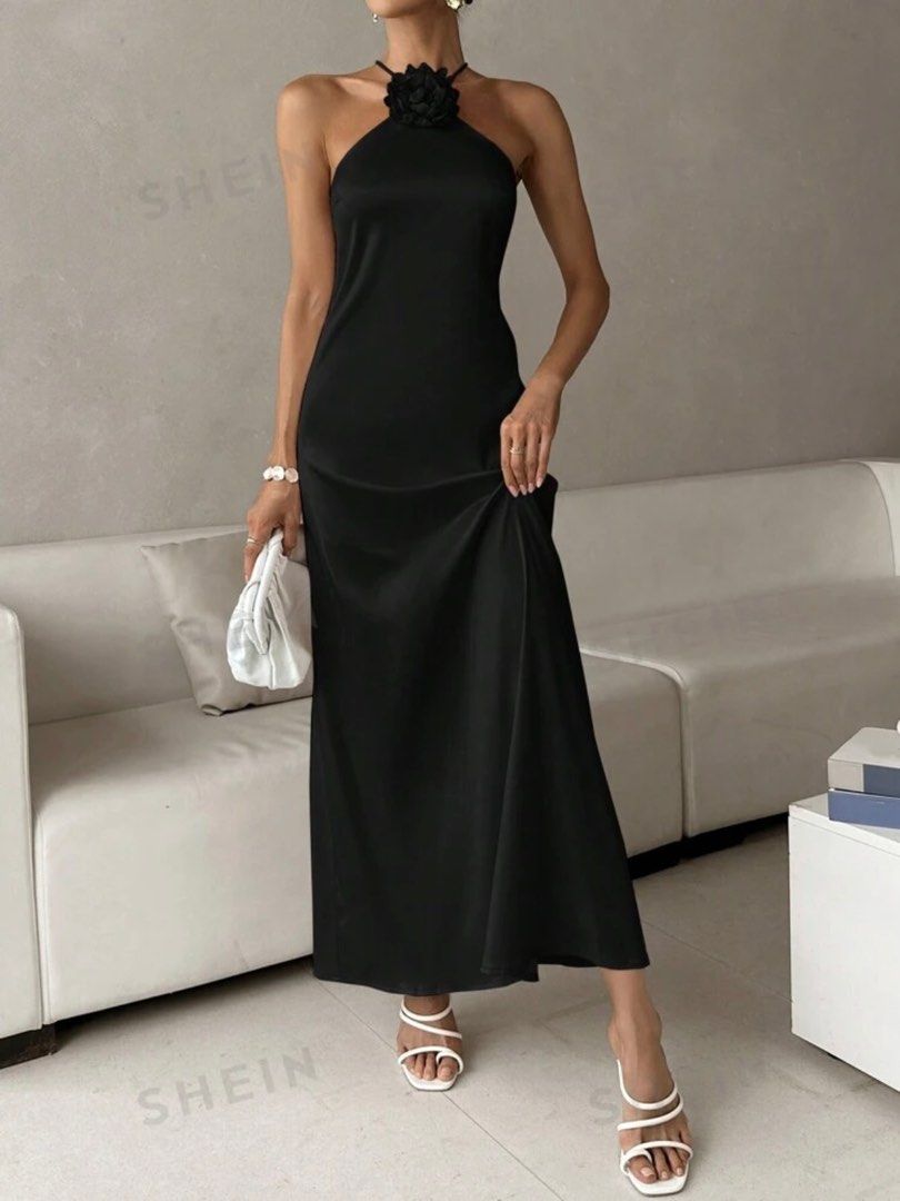 shein black satin dress, Women's Fashion, Dresses & Sets, Evening dresses &  gowns on Carousell