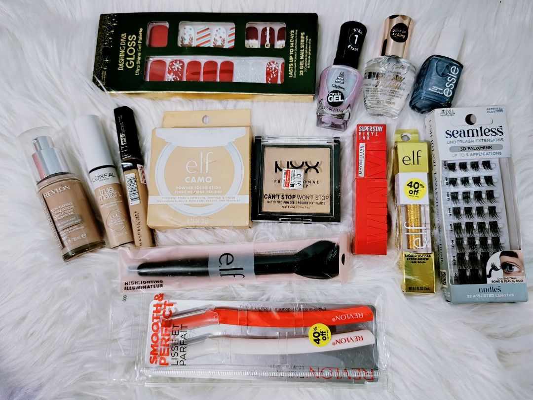 Assorted Makeup Bundle (Category: Makeup) located in Siniloan. Submitted by easyaonlinestore (Listing ID 1333791293, Image 1). Description: ‼️Take All‼️ 📌E.L.F Camo Powder Foundation 📌 NYX Mattifying Powder 📌 Revlon Skin-Caring Foundation 📌 L'oreal True Match Concealer 📌 Maybelline FitMe Concealer 📌 Maybelline Superstay Vinyl Ink 📌 E.L.F Liquid Glitter Eyeshadow 📌 32pcs Gel Nail Strips 📌 Eyelash Extensions 📌 E.L.F Highlighting Brush 📌 