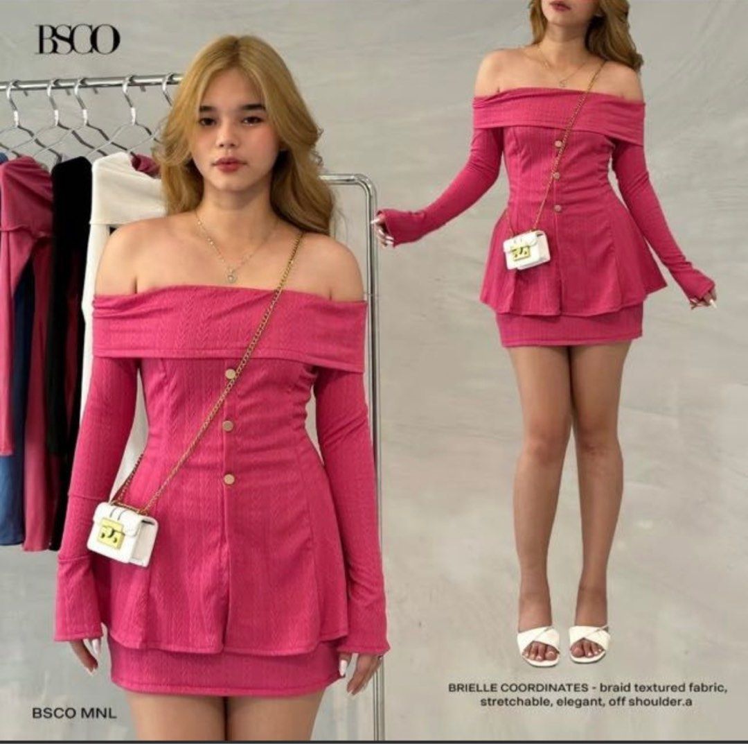 BSCO Pink Off-Shoulder and Skirt Set (Category: Sets or Coordinates) located in Calamba. Submitted by cliobuys_123 (Listing ID 1333802630, Image 1). Description: BSCO Pink Off-Shoulder and Skirt Set Best fit Small-Medium Very cute but used only once Price: 200.
