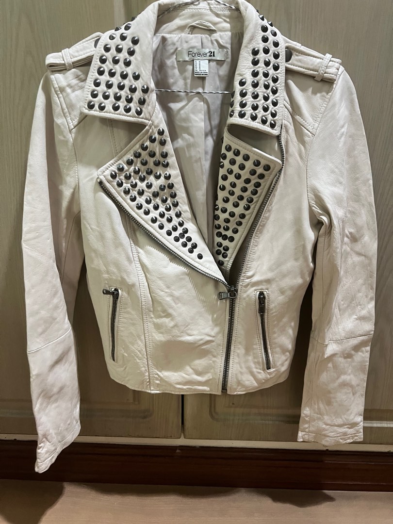 Forever 21 white leather jacket on sale