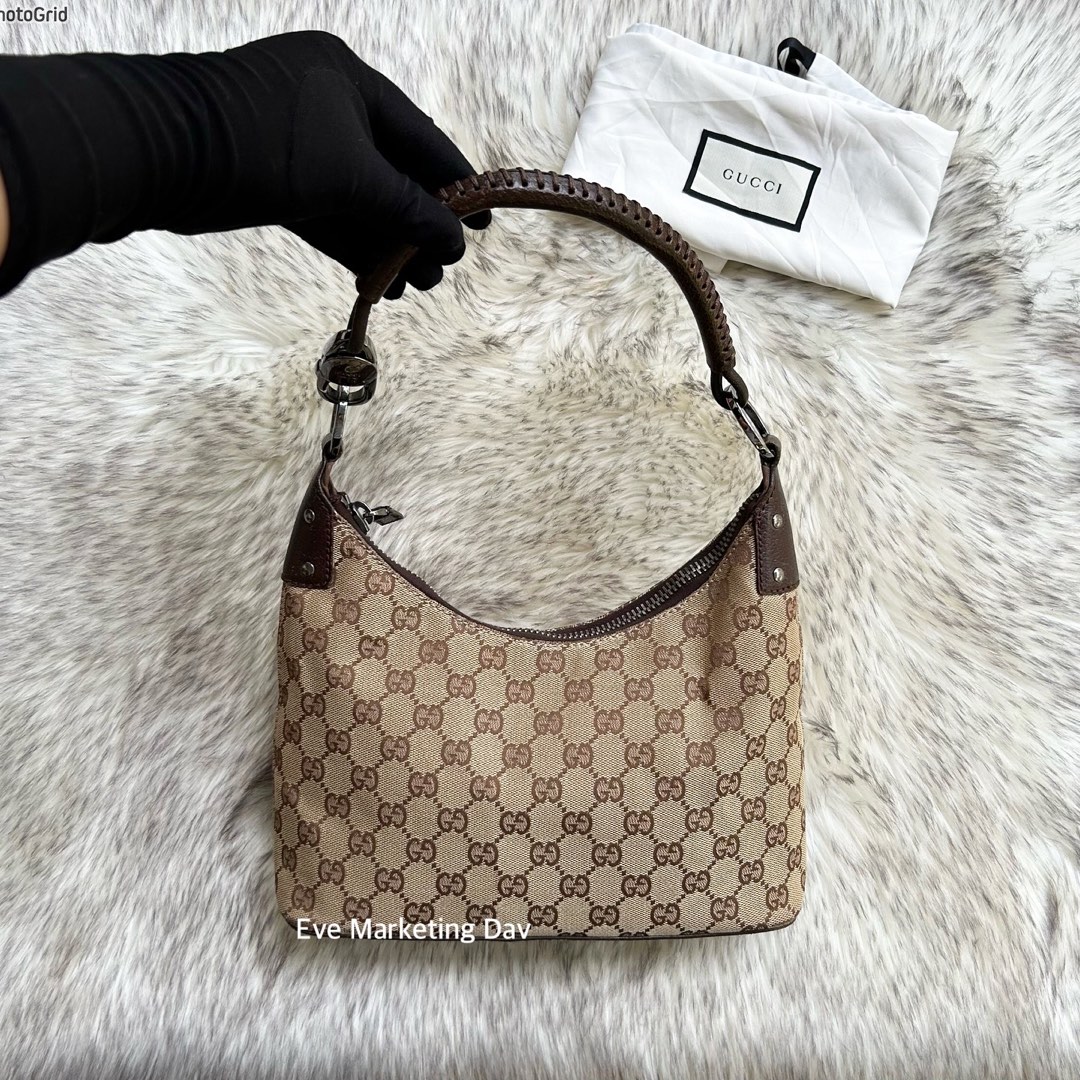 Gucci Monogram Beige Black Canvas Leather Braided Handle Hobo Luxury Bags Wallets on Carousell