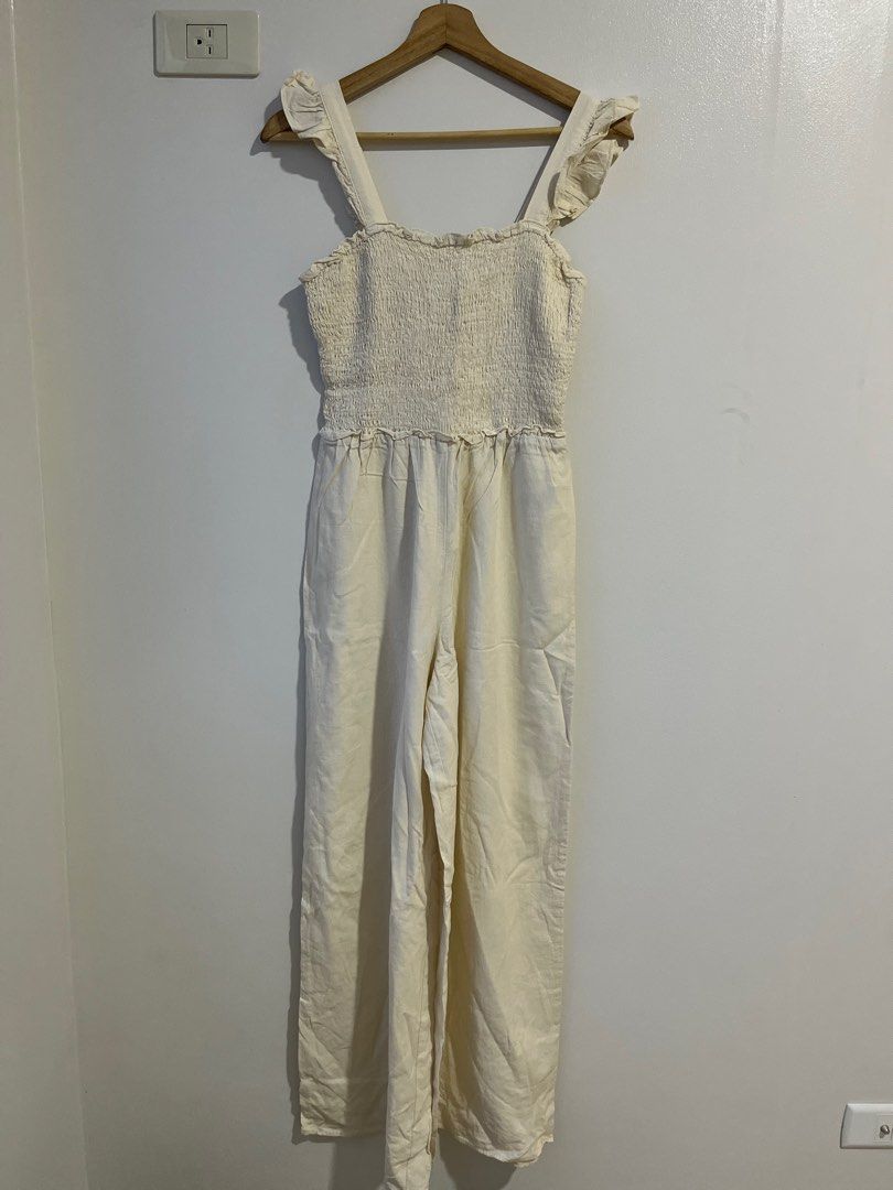 H M Long cream smocked jumpsuit Women s Fashion Dresses Sets Jumpsuits on Carousell