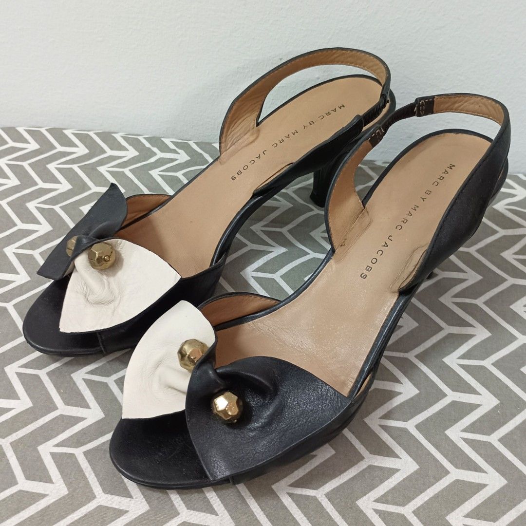 Marc Jacobs Vintage Black Bow Peep Toe Sling Strap Kitten Heels