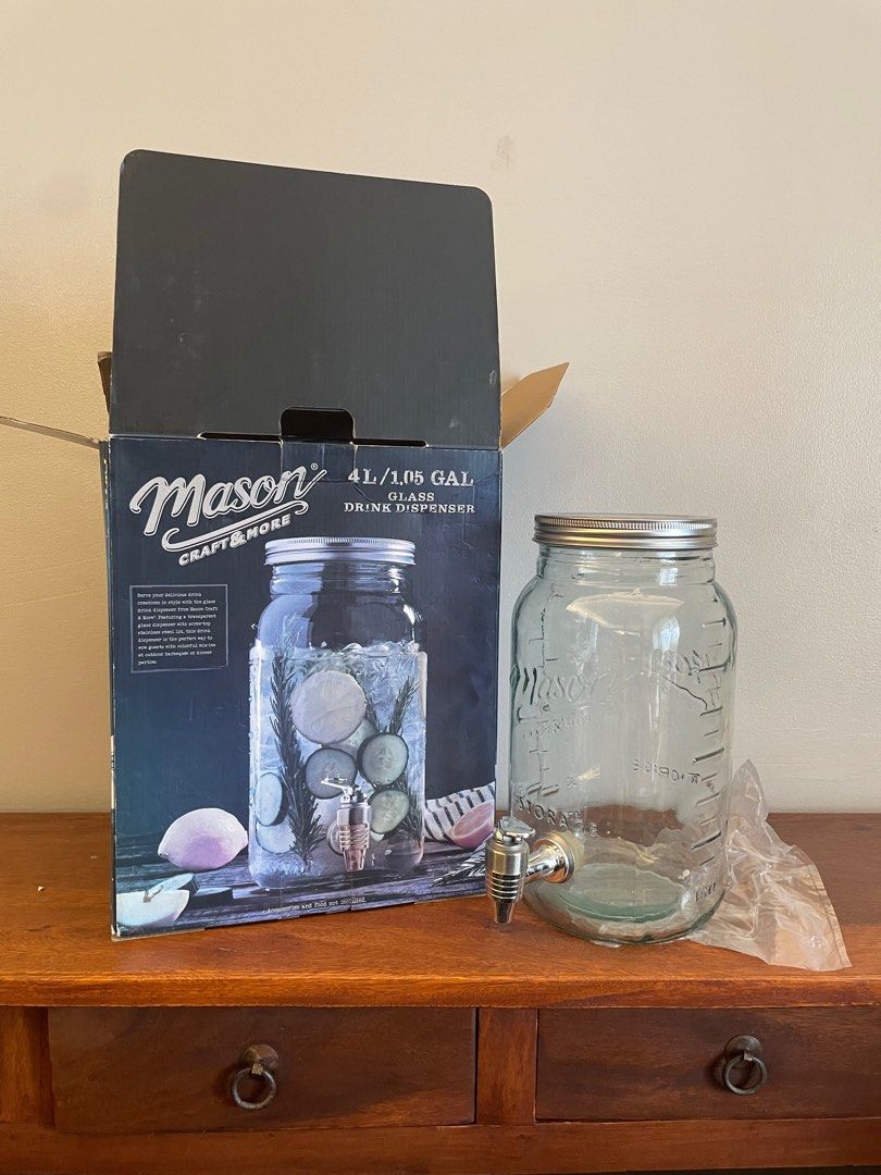 Mason Jar 4L Jug (Category: Pitchers & Dispensers) located in Muntinlupa City. Submitted by a.declutterer (Listing ID 1333691002, Image 1). Description: No issues. Comes with box. Only used a few times. Holds 4 liters RFS: Decluttering .
