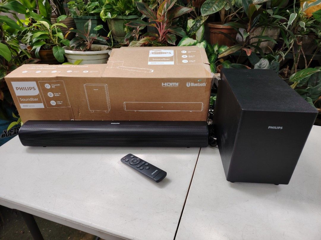 Philips sound bar (Category: Soundbars, Speakers & Amplifiers) located in Malolos. Submitted by axe23 (Listing ID 1333705047, Image 1). Description: Philips sound bar 100% Original Louder, clearer, deeper TV sound With sub woofer 2.1 channel Bluetooth HDMI USB in ready AUX in ready With remote control Australian surplus Good as bnew Actual photo posted Item tested and working properly.