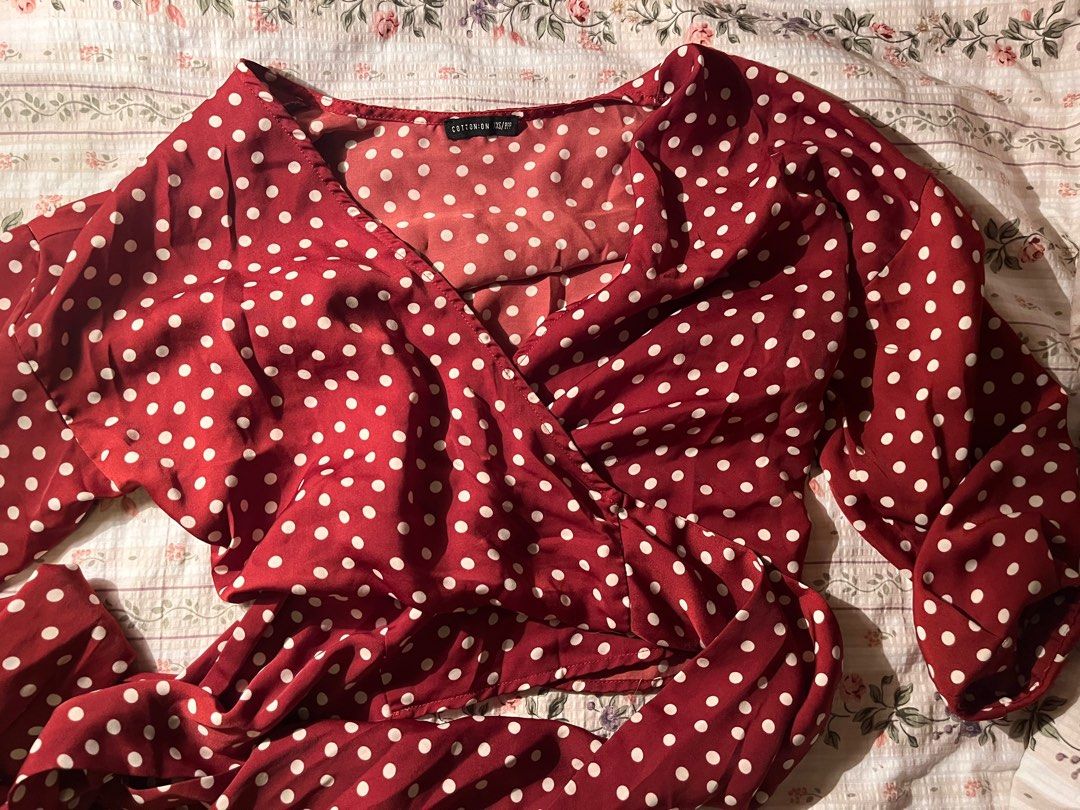 red polka dot wrap top