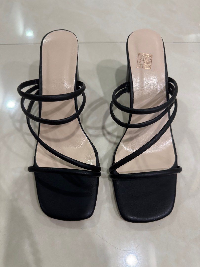 Shein Black Thin Strap Chunky Heeled Mule Sandals Heels with Ankle