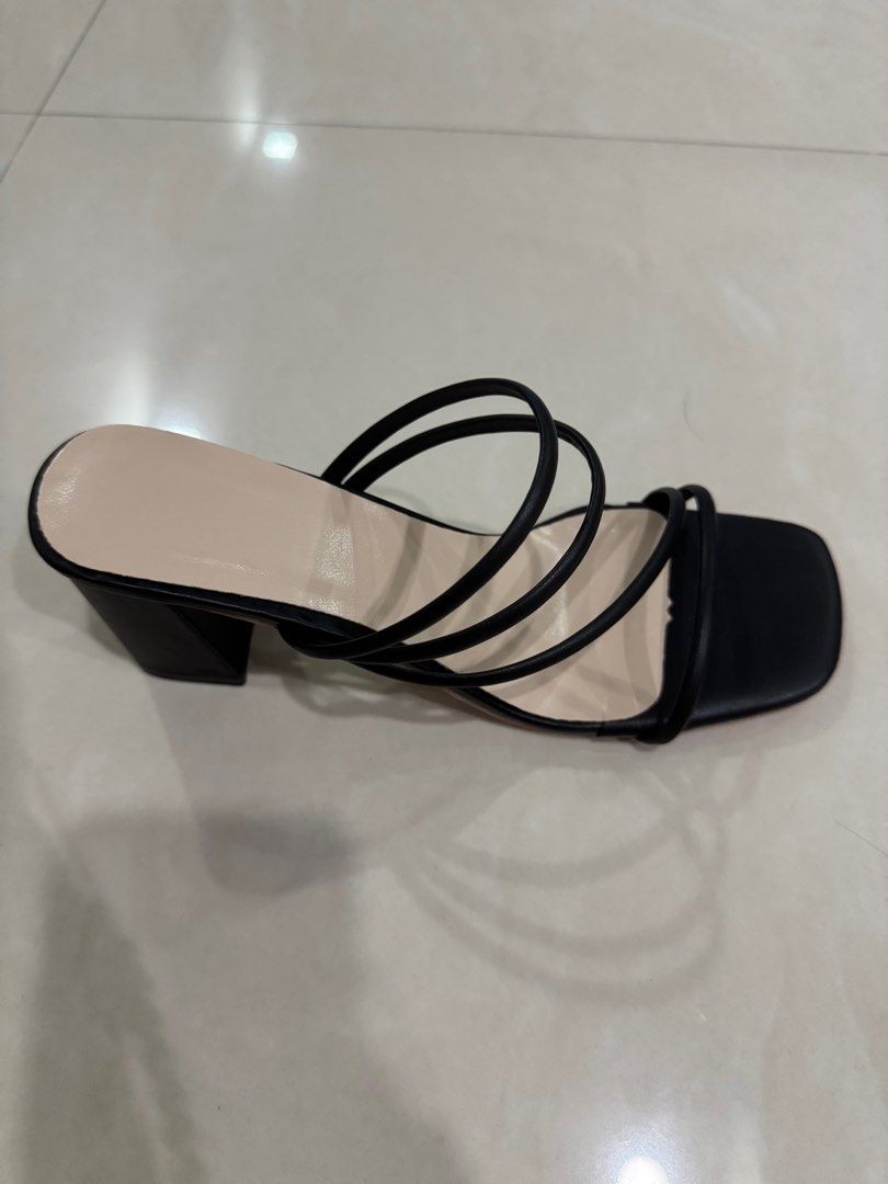 Shein Black Thin Strap Chunky Heeled Mule Sandals Heels with Ankle