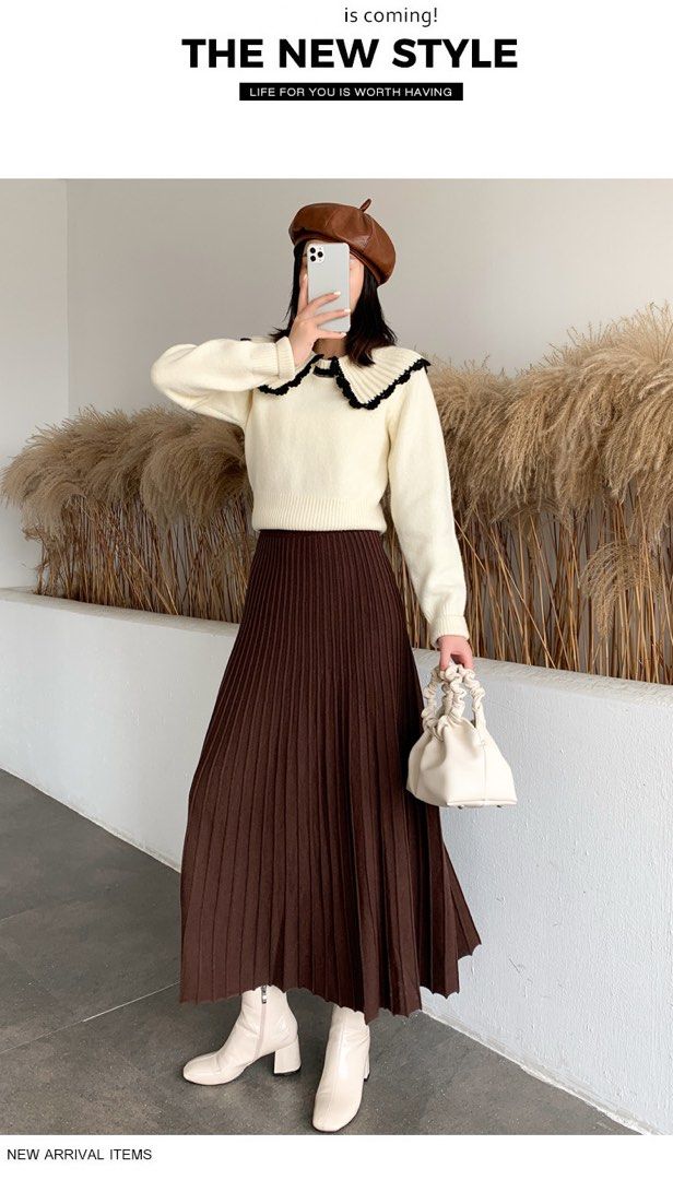 TRAVEL SPECIALS Fall inspired Pleated Knitted Midi Skater Skirt