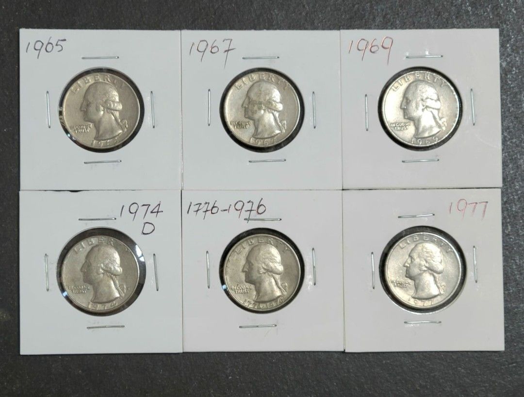 美國錢幣)上世紀60~70年代美金quarter共8枚包括1965, 1967, 1969, 1974, 1976 及1977年其中1976年為美國獨立宣言200  週年紀念幣, 興趣及遊戲, 收藏品及紀念品, 錢幣- Carousell