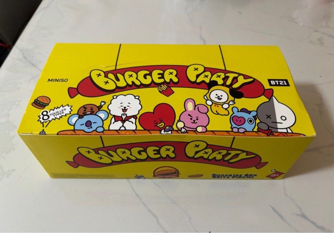 BT21 Burger Party Miniso Blind Box Sealed Set (Category: Designer & Blind Box Toys) located in San Juan City. Submitted by divch (Listing ID 1328996747, Image 1). Description: Selling as set. All sealed..