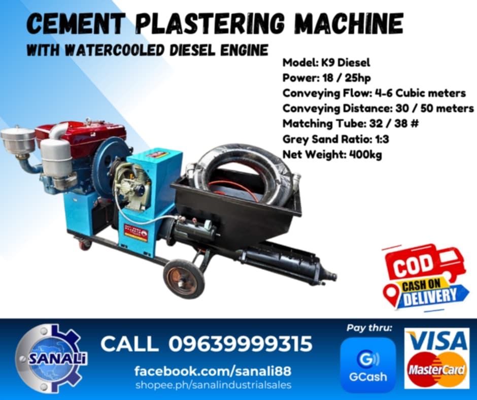 CEMENT PLASTERING MACHINE (Category: Construction Tools & Equipment) located in Caloocan City. Submitted by sanaliindustrialsales (Listing ID 1329079013, Image 1). Description: CEMENT PLASTERING MACHINE with WATERCOOLED DIESEL ENGINE 🛑Power: 18/25hp 🛑Conveying Flow: 4-6 Cubic Meters 🛑Conveying Distance: 30-50 Meters 🛑Matching Tube: 32/38 🛑Weight: 400kg ☑️Brand New 💯% ☑️Heavy Duty 💯% ☑️Lifetime Free Labor & Check Up 💯%.