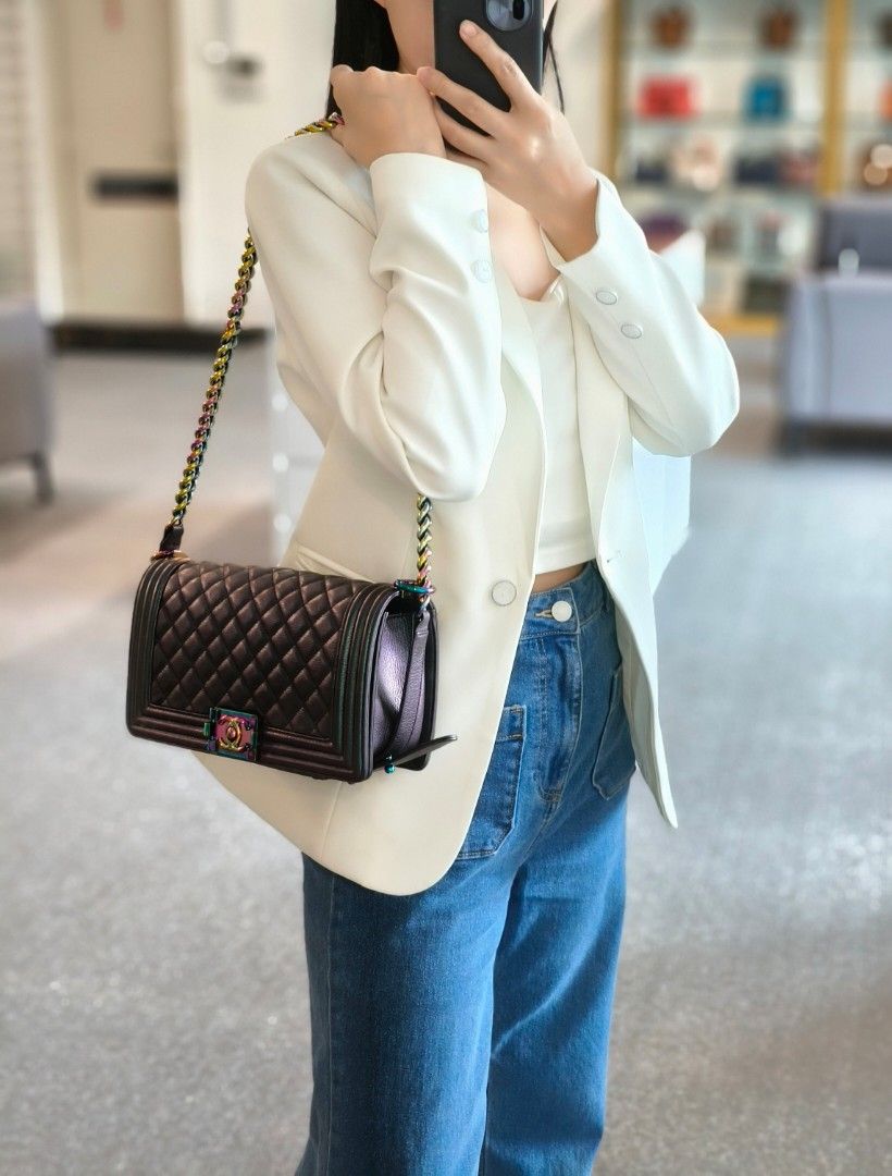 Chanel Boy 25cm Iridescent Purple Goat Leather Rainbow Hardware Bag