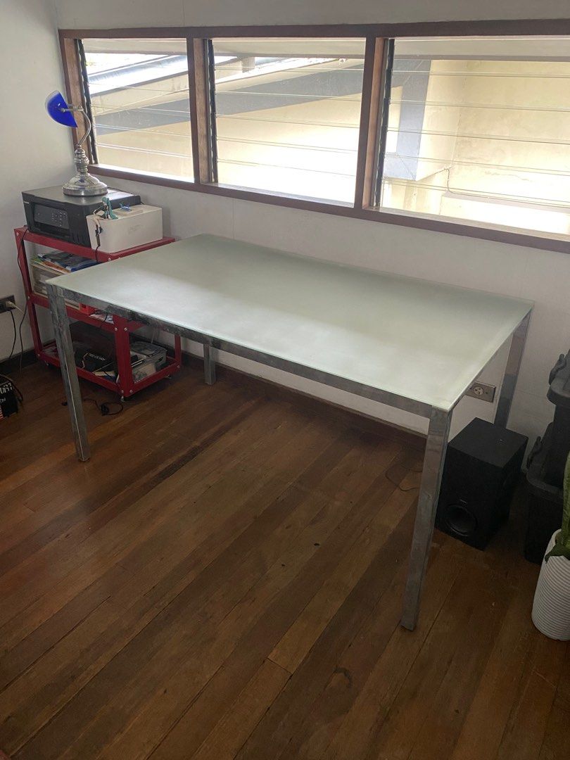 Chrome Plated Steel Legs Glass Table (Category: Tables & Sets) located in Pasig City. Submitted by AndyY (Listing ID 1328985699, Image 1). Description: Highly Negotiable 55l x 31.5w x 29h Steel legs need cleaning/polishing will update post if cleaned earlier .