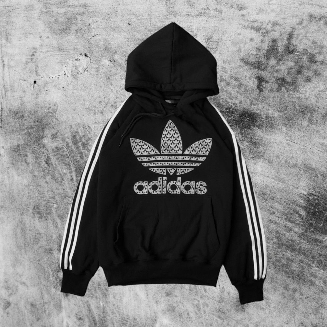 Hoodie Adidas Big Logo Trefoil Stripes Hitam, Fesyen Pria