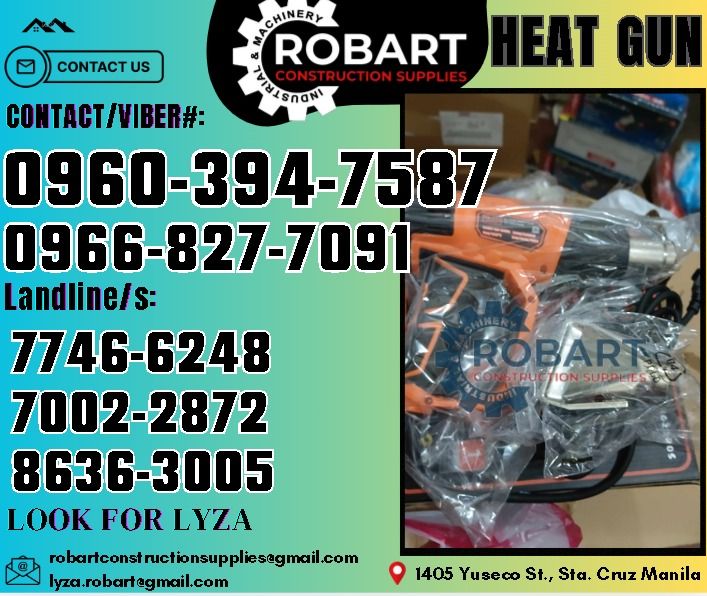 Hoyoma Heat Gun (Category: Construction Tools & Equipment) located in Manila. Submitted by lyzarobart1999 (Listing ID 1328954284, Image 1). Description: Heat Gun Brand: Hoyoma 2200 watts 𝑹𝑶𝑩𝑨𝑹𝑻 𝑪𝑶𝑵𝑺𝑻𝑹𝑼𝑪𝑻𝑰𝑶𝑵 𝑺𝑼𝑷𝑷𝑳𝑰𝑬𝑺 𝒪𝒻𝒻𝒾𝒸𝑒 𝒜𝒹𝒹𝓇𝑒𝓈𝓈: 𝟣𝟦𝟢𝟧 𝒴𝓊𝓈𝑒𝒸𝑜 𝒮𝓉. 𝒮𝓉𝒶 𝒞𝓇𝓊𝓏 𝑀𝒶𝓃𝒾𝓁𝒶 ꜱᴇɴᴅ ᴜꜱ ᴍᴇꜱꜱᴀɢᴇ ꜰᴏʀ ɪɴQᴜɪʀɪᴇꜱ ‼️ ‼️ ɢʟᴏʙᴇ: (0966-827-7091) ꜱᴍʀᴛ - (0960-394-7587) ᴠɪʙʀ - (0960-394-7587) ʟᴀɴᴅʟɪɴᴇ: (8636-ʟ