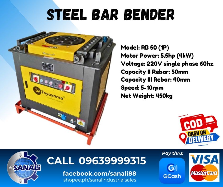 TOYOYAMA STEEL BAR BENDER (Category: Construction Tools & Equipment) located in Caloocan City. Submitted by sanaliindustrialsales (Listing ID 1329072769, Image 1). Description: TOYOYAMA STEEL BAR BENDER 🛑Model: RB 50 (1P) 🛑Rebar Capacity: 40mm-50mm 🛑Motor Power: 5.5hp (4kW) 🛑Voltage : 220V single phase 60Hz 🛑Weight: 450kg ☑️Brand New 💯% ☑️Heavy Duty 💯% ☑️Lifetime Free Labor & Check Up 💯%.