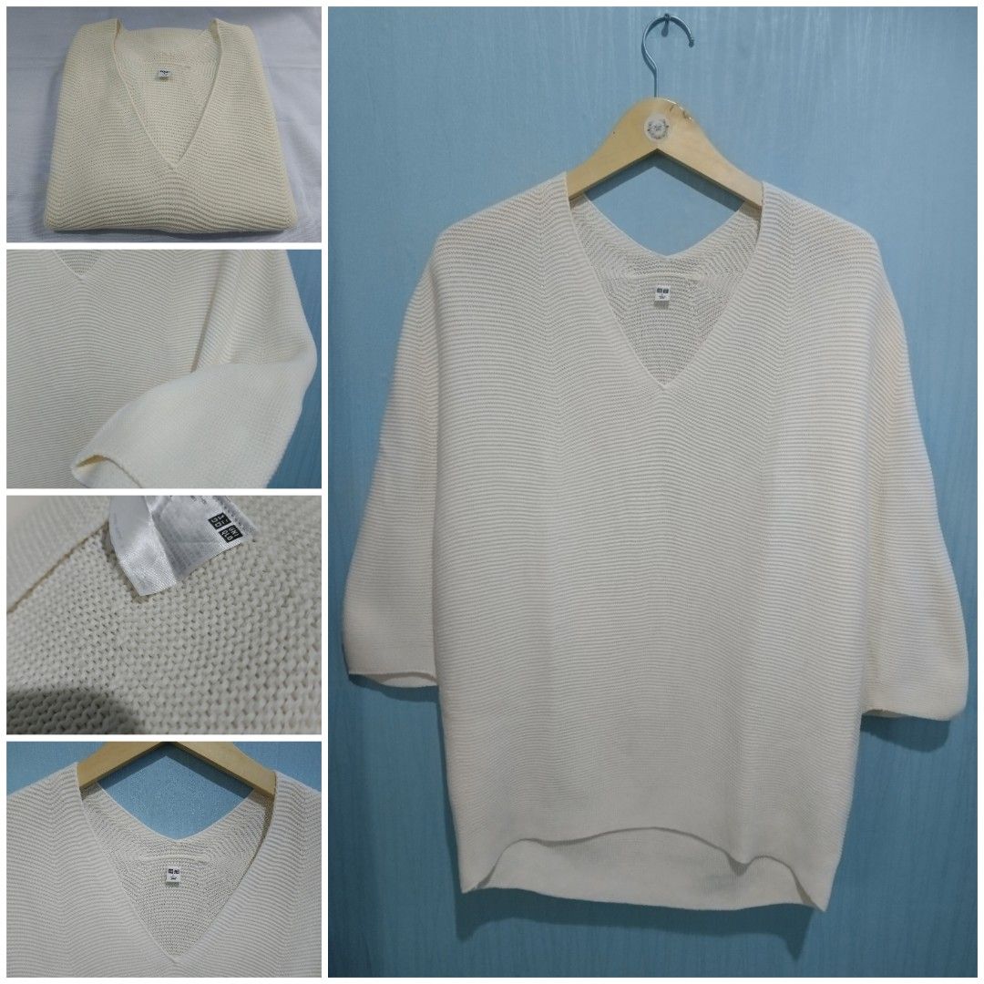UNIQLO 3d cotton cocoon V NECK 3 4 slevee sweater Fesyen Wanita Pakaian Wanita Atasan di Carousell