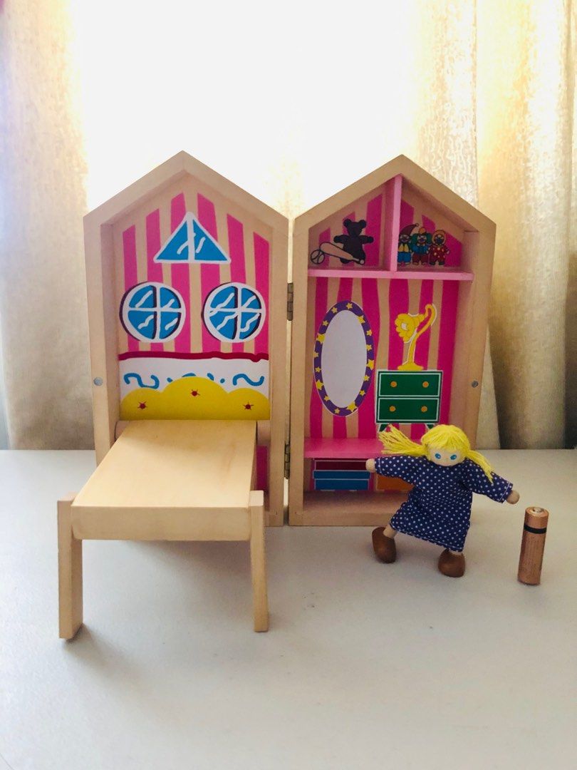 Wooden Bedroom Dollhouse (Category: Kids Toys) located in Imus. Submitted by dyelinn (Listing ID 1329068140, Image 1). Description: ✨PRELOVED 🇬🇧 Wooden Box Bedroom Dollhouse Flaws: Paint chips, small dents on the exterior; As is.
