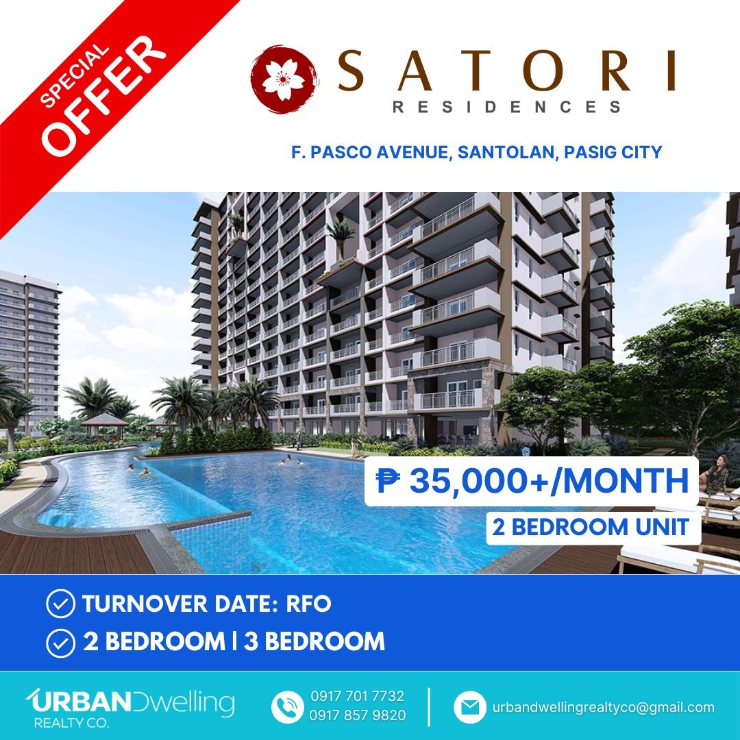 2 BR Satori Residences, Pasig City (Category: Apartments & Condos) located in Las Pinas. Submitted by realestatebroker (Listing ID 1329189924, Image 1). Description: 2 BR Satori Residences, Pasig City F. Pasco Avenue, Santolan, Pasig City Turnover date may vary and multiple low DP term options are available. Hurry, promo runs until unit lasts. WHY you should INVEST to DMCI Homes ✅️Well ventilated bldg because of Lumiventt Technology ✅️Resort Insp