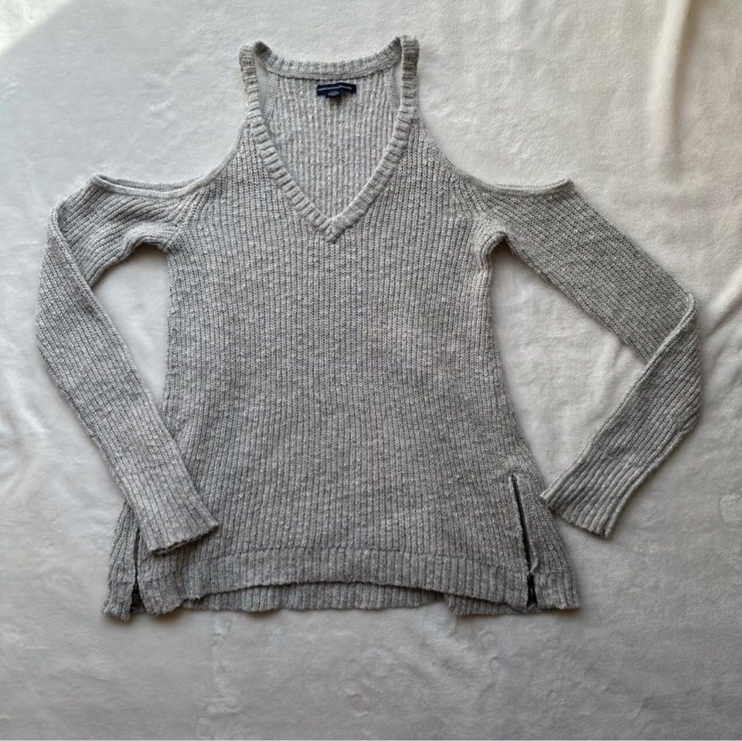 American Eagle Knitted Cold Shoulder Top Sweater Grey Women s Fashion Tops Other Tops on Carousell