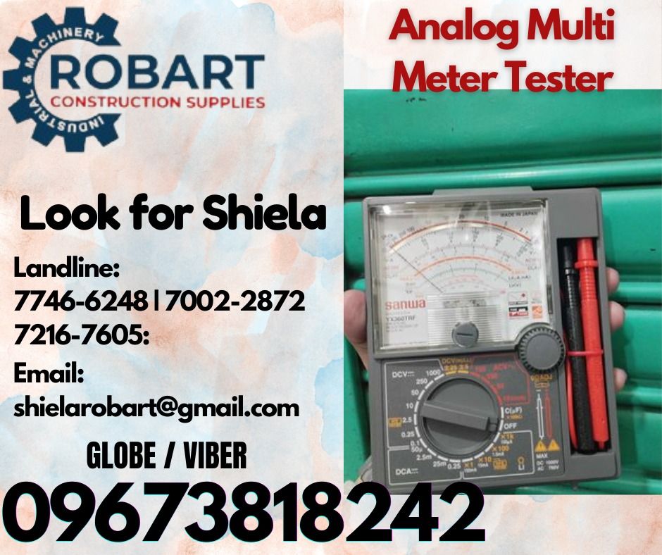 Analog Multi Meter Tester (Category: Construction Tools & Equipment) located in Caloocan City. Submitted by shielaroba44709 (Listing ID 1329176964, Image 1). Description: Analog Multi Meter Tester Model: YX360TRF Brand: Sanwa 1 unit GI Duct Reducer Size: 6" x 4" 𝑹𝑶𝑩𝑨𝑹𝑻 𝑪𝑶𝑵𝑺𝑻𝑹𝑼𝑪𝑻𝑰𝑶𝑵 𝑺𝑼𝑷𝑷𝑳𝑰𝑬𝑺 Office Address: 1405 Yuseco St. Sta Cruz Manila SEND US MESSAGE FOR INQUIRIES ‼️ ‼️ Call: 09673818242 / 09662708845 Vibr - (09673818