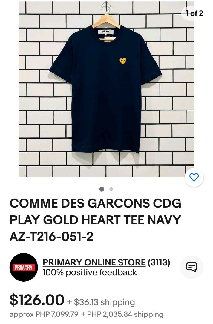 CDG Gold Logo Authentic (Category: Tshirts & Polo Shirts ) located in General Santos City (Dadiangas). Submitted by Serde (Listing ID 1329112273, Image 1). Description: Authentic CDG Play Fit Medium (19x26) gold logo (rare) CR 9.8/10 Excellent No issue.