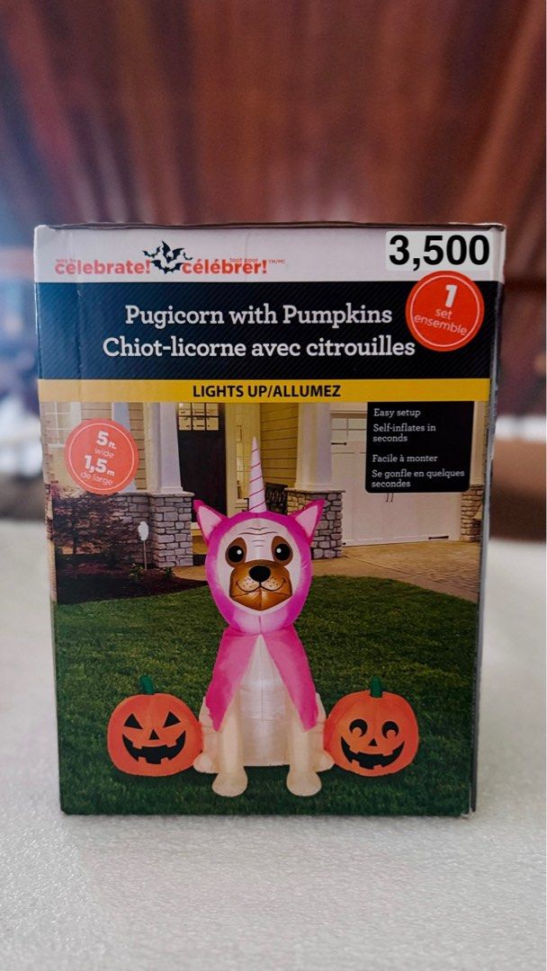 Halloween Inflatable Decoration - Pugicorn with Pumpkins (Category: Everything Else Others) located in Taytay. Submitted by everythingonline888 (Listing ID 1329198701, Image 1). Description: Pugicorn with Pumpkins Halloween Decor •5 ft. Wide •Airblown Inflatable •Self inflates in seconds •Easy set up Pick-up location: Taytay near NCBA Deliver: via Lalamove Mop: Gcash, BPI, BDO.