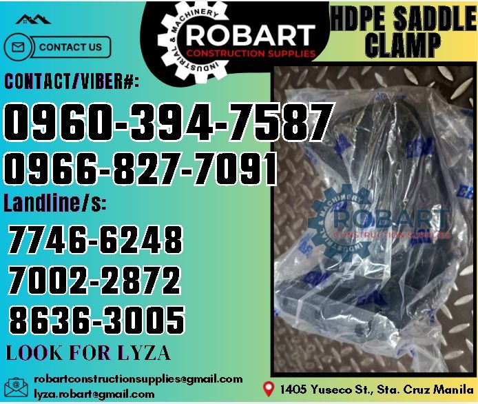 HDPE Saddle Clamp (Category: Construction Tools & Equipment) located in Manila. Submitted by lyzarobart1999 (Listing ID 1329133390, Image 1). Description: HDPE Saddle Clamp Size: 6 x 2 𝑹𝑶𝑩𝑨𝑹𝑻 𝑪𝑶𝑵𝑺𝑻𝑹𝑼𝑪𝑻𝑰𝑶𝑵 𝑺𝑼𝑷𝑷𝑳𝑰𝑬𝑺 𝒪𝒻𝒻𝒾𝒸𝑒 𝒜𝒹𝒹𝓇𝑒𝓈𝓈: 𝟣𝟦𝟢𝟧 𝒴𝓊𝓈𝑒𝒸𝑜 𝒮𝓉. 𝒮𝓉𝒶 𝒞𝓇𝓊𝓏 𝑀𝒶𝓃𝒾𝓁𝒶 ꜱᴇɴᴅ ᴜꜱ ᴍᴇꜱꜱᴀɢᴇ ꜰᴏʀ ɪɴQᴜɪʀɪᴇꜱ ‼️ ‼️ ɢʟᴏʙᴇ: (0966-827-7091) ꜱᴍʀᴛ - (0960-394-7587) ᴠɪʙʀ - (0960-394-7587) ʟᴀɴᴅʟɪɴᴇ: (8636-ʟᴏᴏ