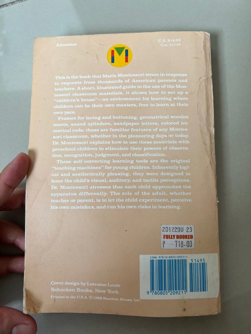 Maria Montessori Own Handbook (Category: Textbooks) located in Quezon City. Submitted by ajmlnd (Listing ID 1329132835, Image 2). Description: Still perfectly fine; bought for 718 pesos.