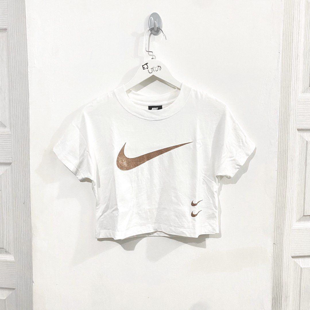 Nike Women s Sportswear Glitter Swoosh Logo Short Sleeve White Croptop Shirt Size S Women s Fashion Tops Shirts on Carousell