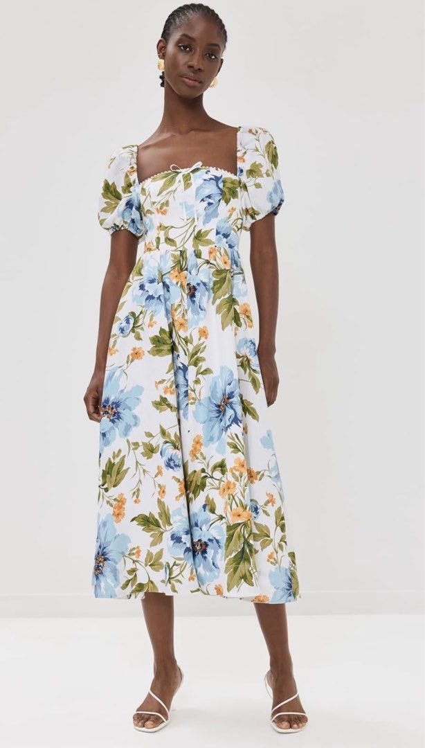 reformation marella linen midi dress REFORMATION Marella Linen Puff Sleeve Midi Dress Reformation