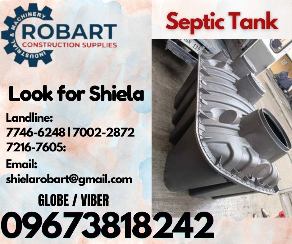 Septic Tank (Category: Construction Tools & Equipment) located in Caloocan City. Submitted by shielaroba44709 (Listing ID 1329151343, Image 1). Description: Septic Tank Brand: Sanitank Model: SNSP1500 Size: 1500L 𝑹𝑶𝑩𝑨𝑹𝑻 𝑪𝑶𝑵𝑺𝑻𝑹𝑼𝑪𝑻𝑰𝑶𝑵 𝑺𝑼𝑷𝑷𝑳𝑰𝑬𝑺 Office Address: 1405 Yuseco St. Sta Cruz Manila SEND US MESSAGE FOR INQUIRIES ‼️ ‼️ Call: 09673818242 / 09662708845 Vibr - (09673818242) Landline: (𝟩𝟩𝟦𝟨-𝟨𝟤𝟦𝟪) / (𝟩𝟢𝟢𝟤-𝟤�