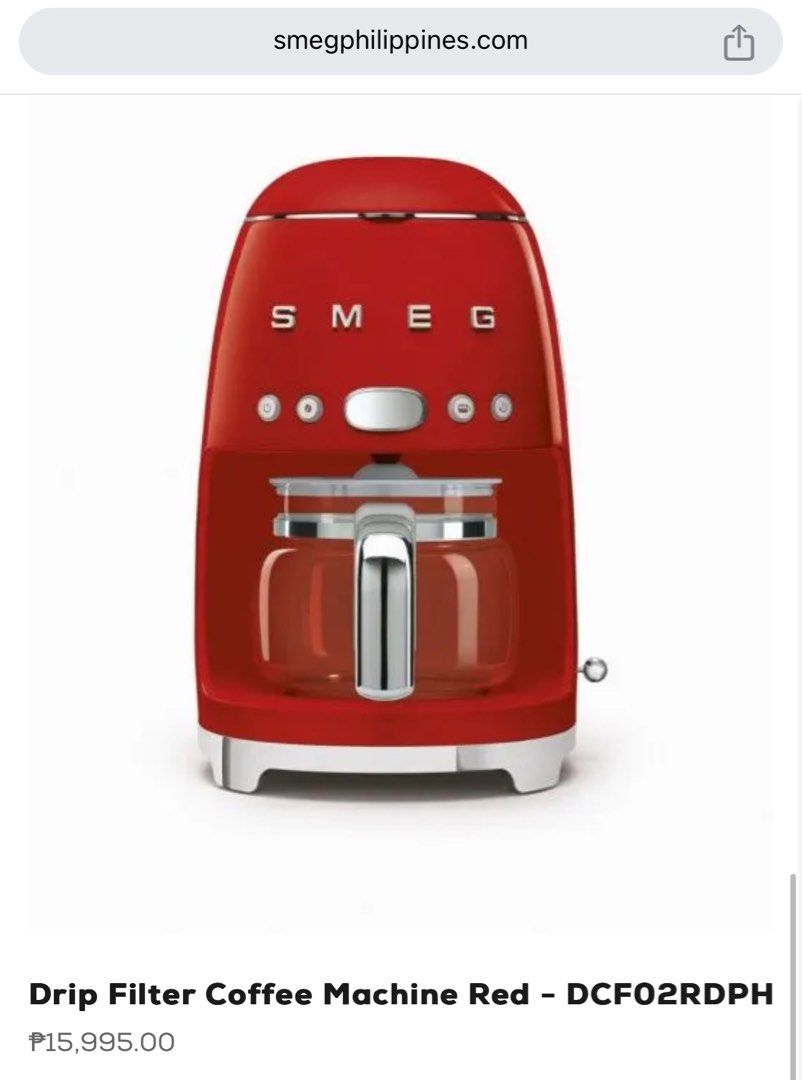 Smeg drip coffee maker (Category: Coffee Machines & Makers) located in Manila. Submitted by keepingthingsclean (Listing ID 1329197484, Image 3). Description: SMEG Drio Coffee Filter Maker Condition: New/ unused Color: Red Smeg is selling this for P16,995.00 Rfs: unused/ not needed Location: Ortigas Low ballers not welcome.
