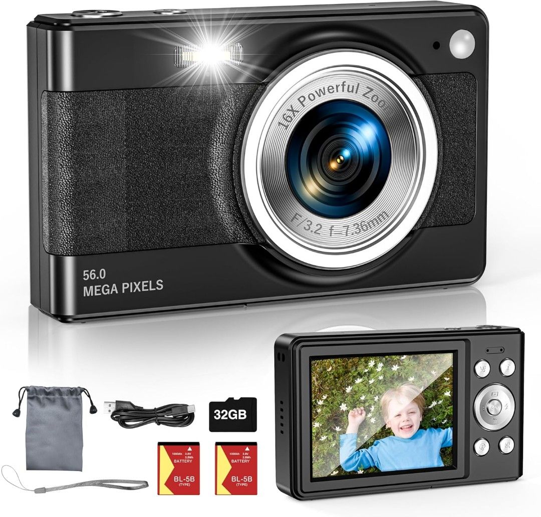Upgrade Digital Camera, 56MP FHD 1080P Camera for Kids with 16x Zoom