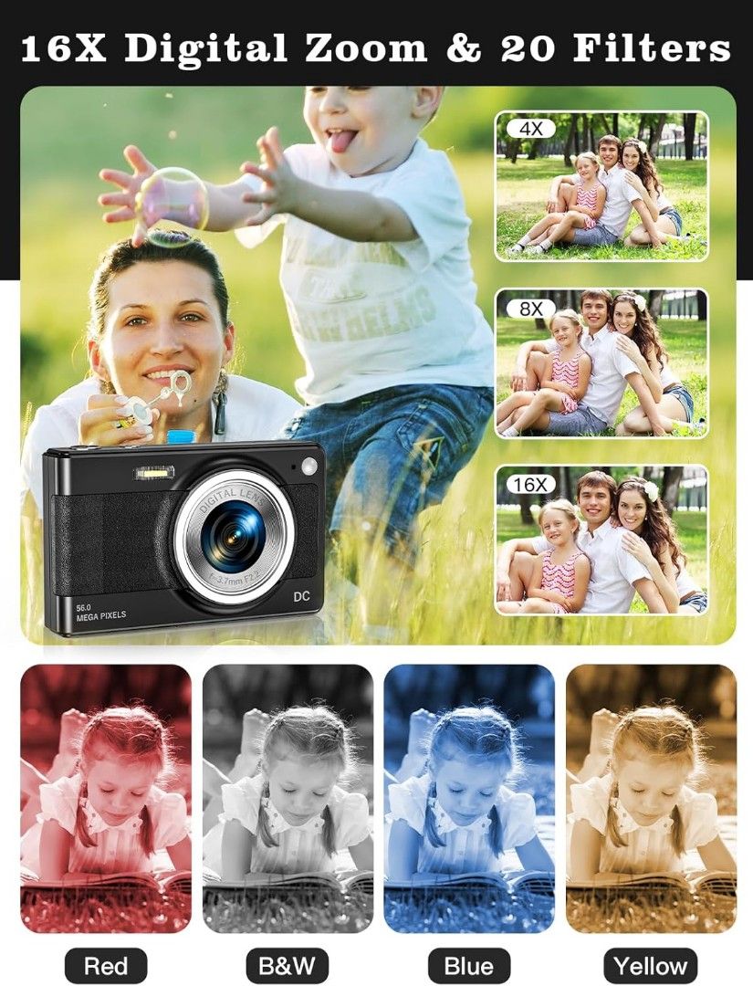 Upgrade Digital Camera, 56MP FHD 1080P Camera for Kids with 16x Zoom