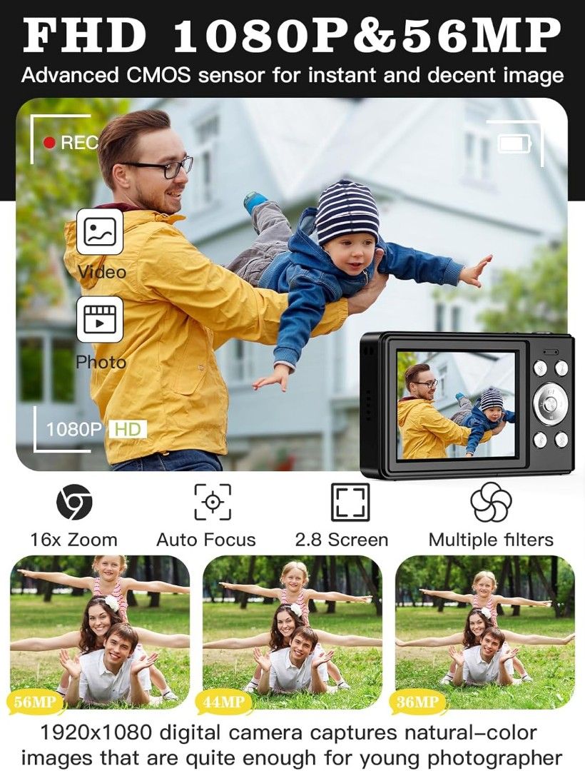 Upgrade Digital Camera, 56MP FHD 1080P Camera for Kids with 16x Zoom