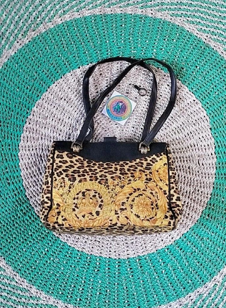 Versace vtg leopard print Tote bag shoulder bag leather yellow black