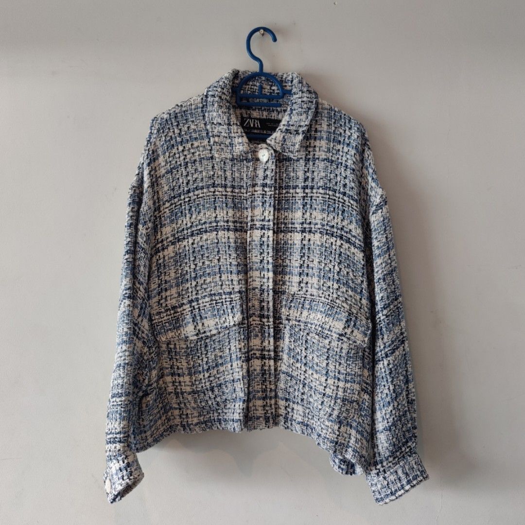 Zara Blue Tweed Jacket Women s Fashion Coats Jackets and Outerwear on Carousell
